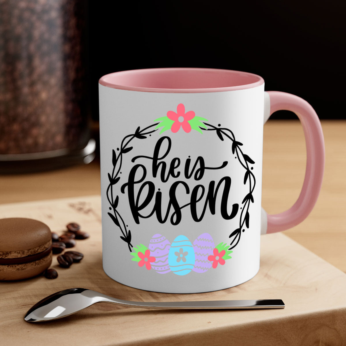 A stylish two-tone 'He is Risen' Easter mug with a glossy finish, featuring a colored handle and interior, available in multiple colors.