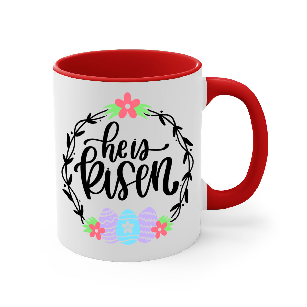 A stylish two-tone 'He is Risen' Easter mug with a glossy finish, featuring a colored handle and interior, available in multiple colors.