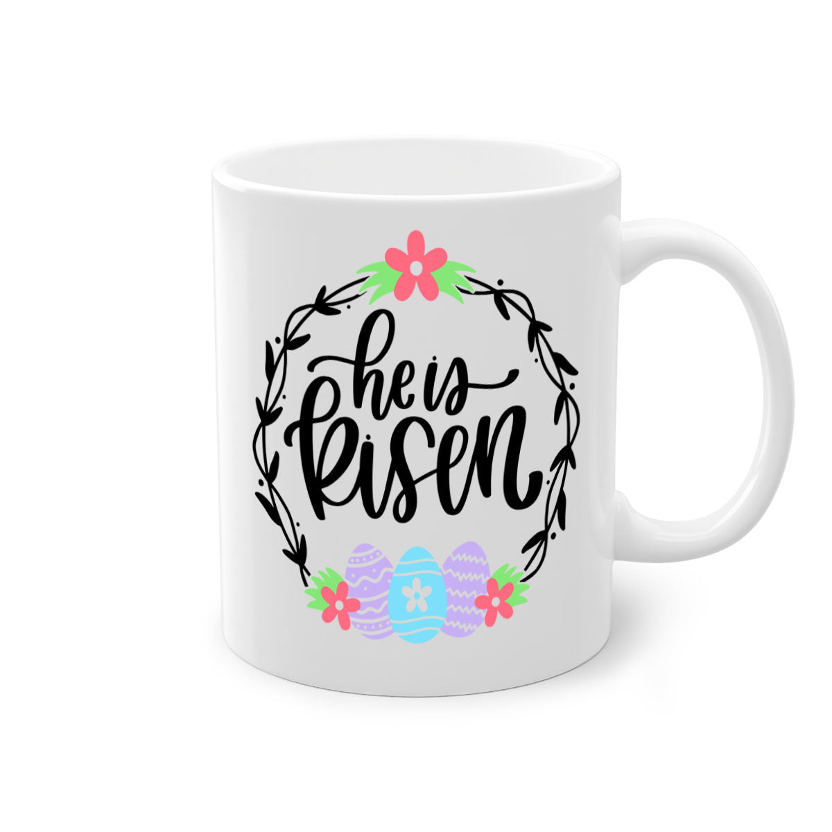 A stylish two-tone 'He is Risen' Easter mug with a glossy finish, featuring a colored handle and interior, available in multiple colors.