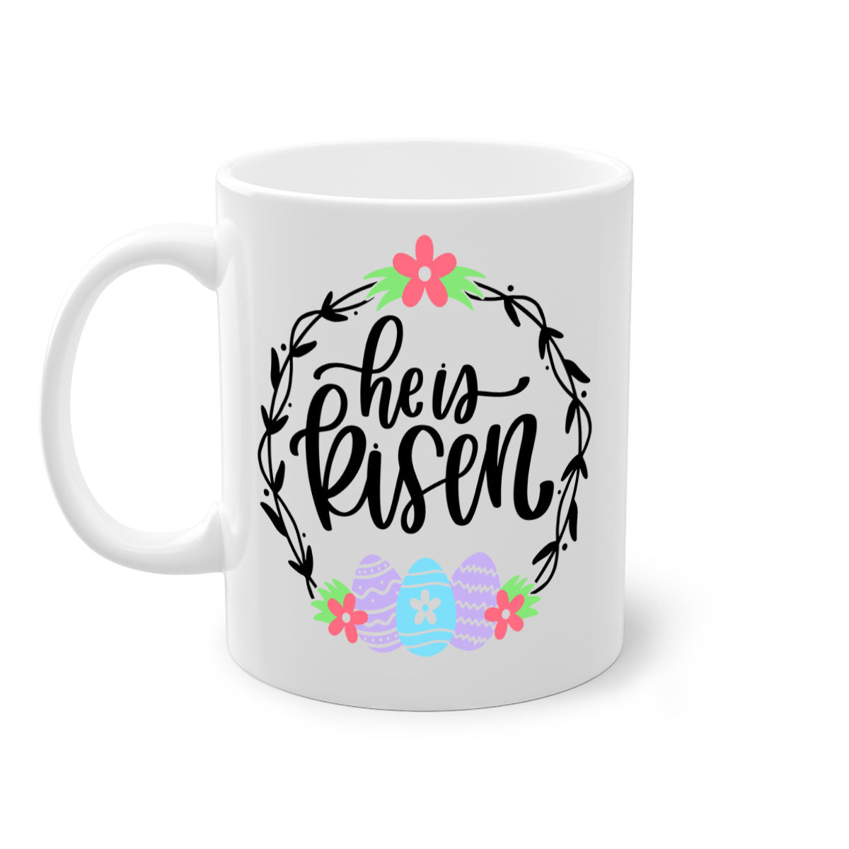 A stylish two-tone 'He is Risen' Easter mug with a glossy finish, featuring a colored handle and interior, available in multiple colors.