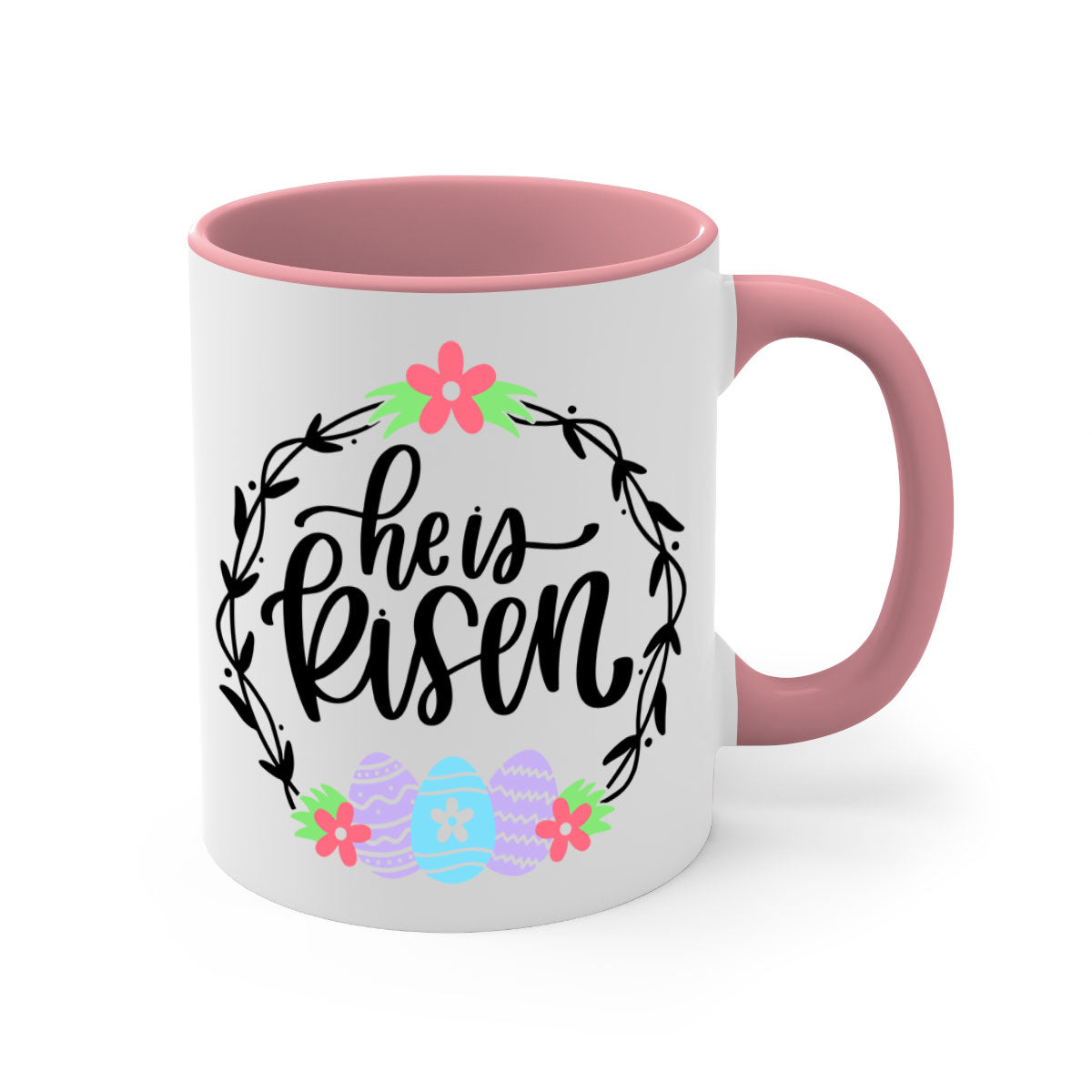 A stylish two-tone 'He is Risen' Easter mug with a glossy finish, featuring a colored handle and interior, available in multiple colors.