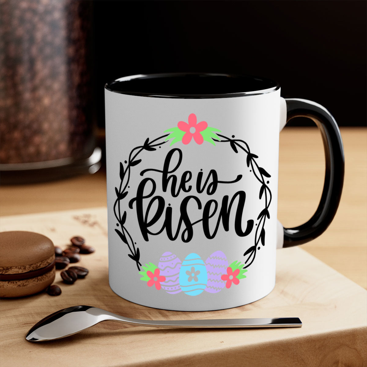 A stylish two-tone 'He is Risen' Easter mug with a glossy finish, featuring a colored handle and interior, available in multiple colors.