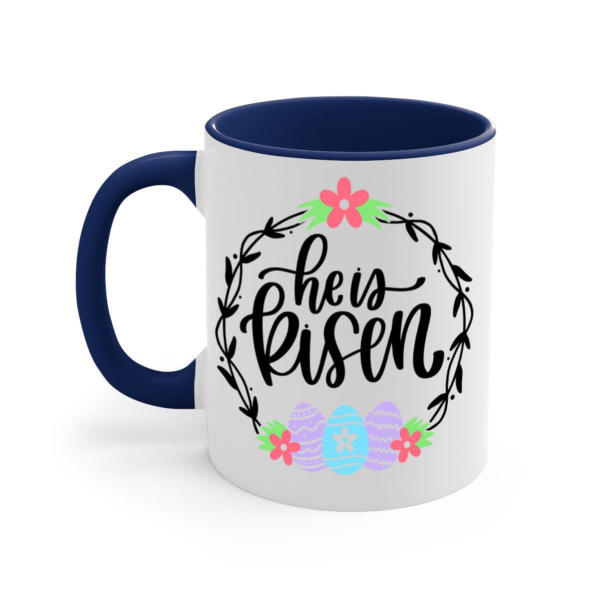 A stylish two-tone 'He is Risen' Easter mug with a glossy finish, featuring a colored handle and interior, available in multiple colors.