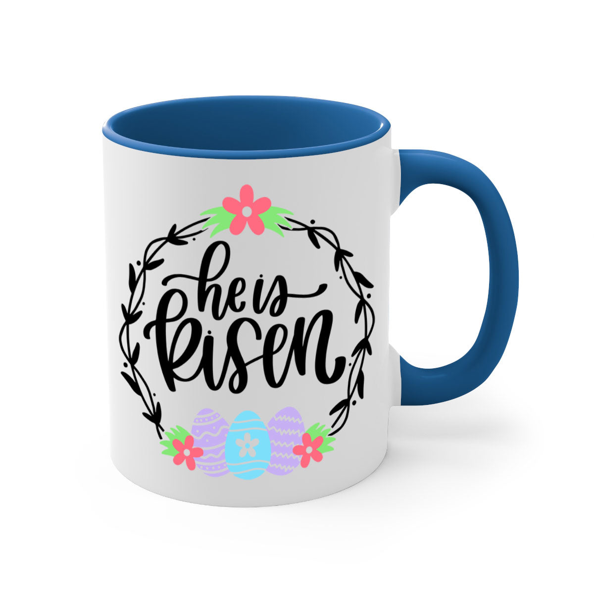 A stylish two-tone 'He is Risen' Easter mug with a glossy finish, featuring a colored handle and interior, available in multiple colors.