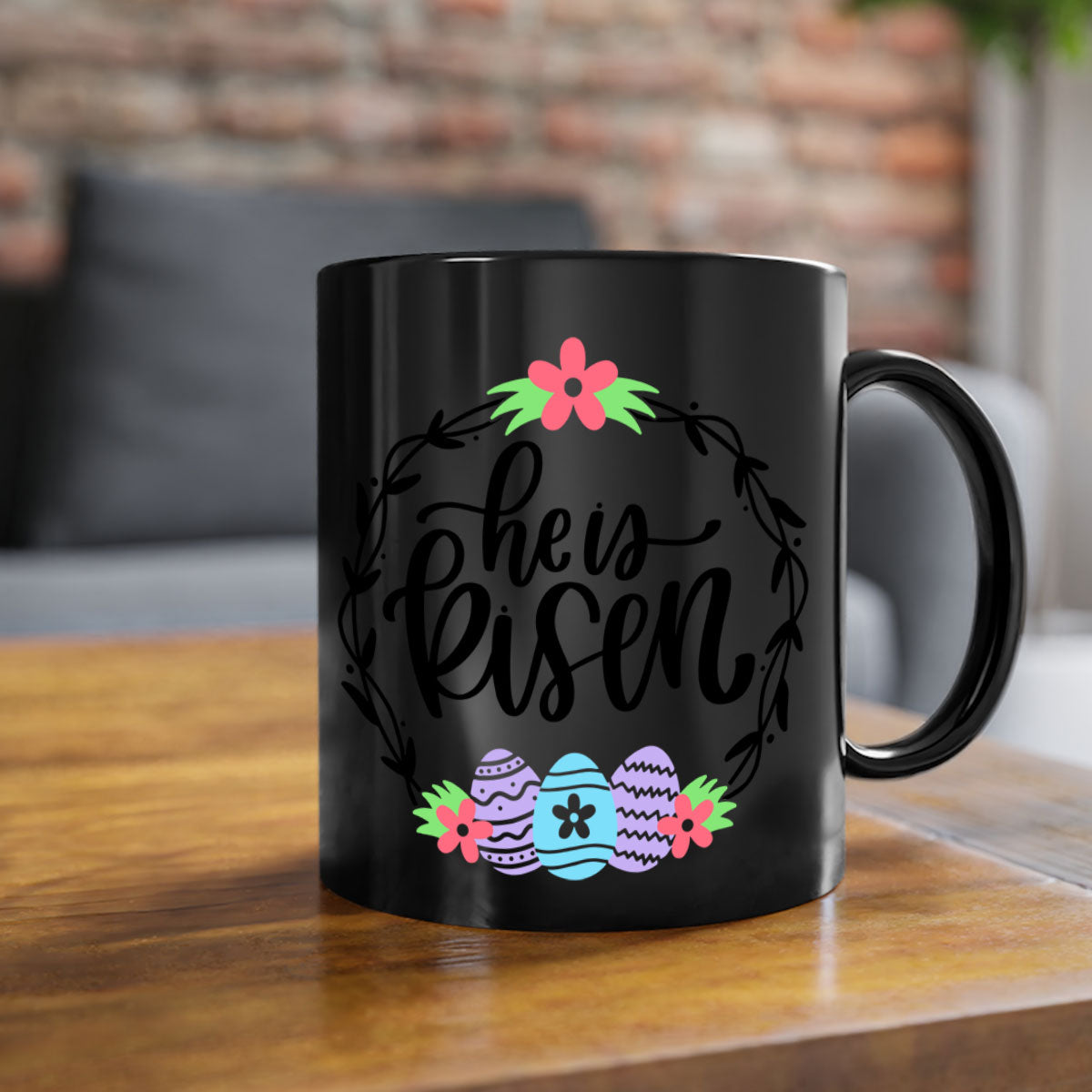 A stylish two-tone 'He is Risen' Easter mug with a glossy finish, featuring a colored handle and interior, available in multiple colors.