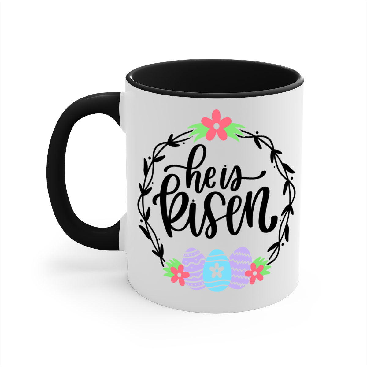 A stylish two-tone 'He is Risen' Easter mug with a glossy finish, featuring a colored handle and interior, available in multiple colors.