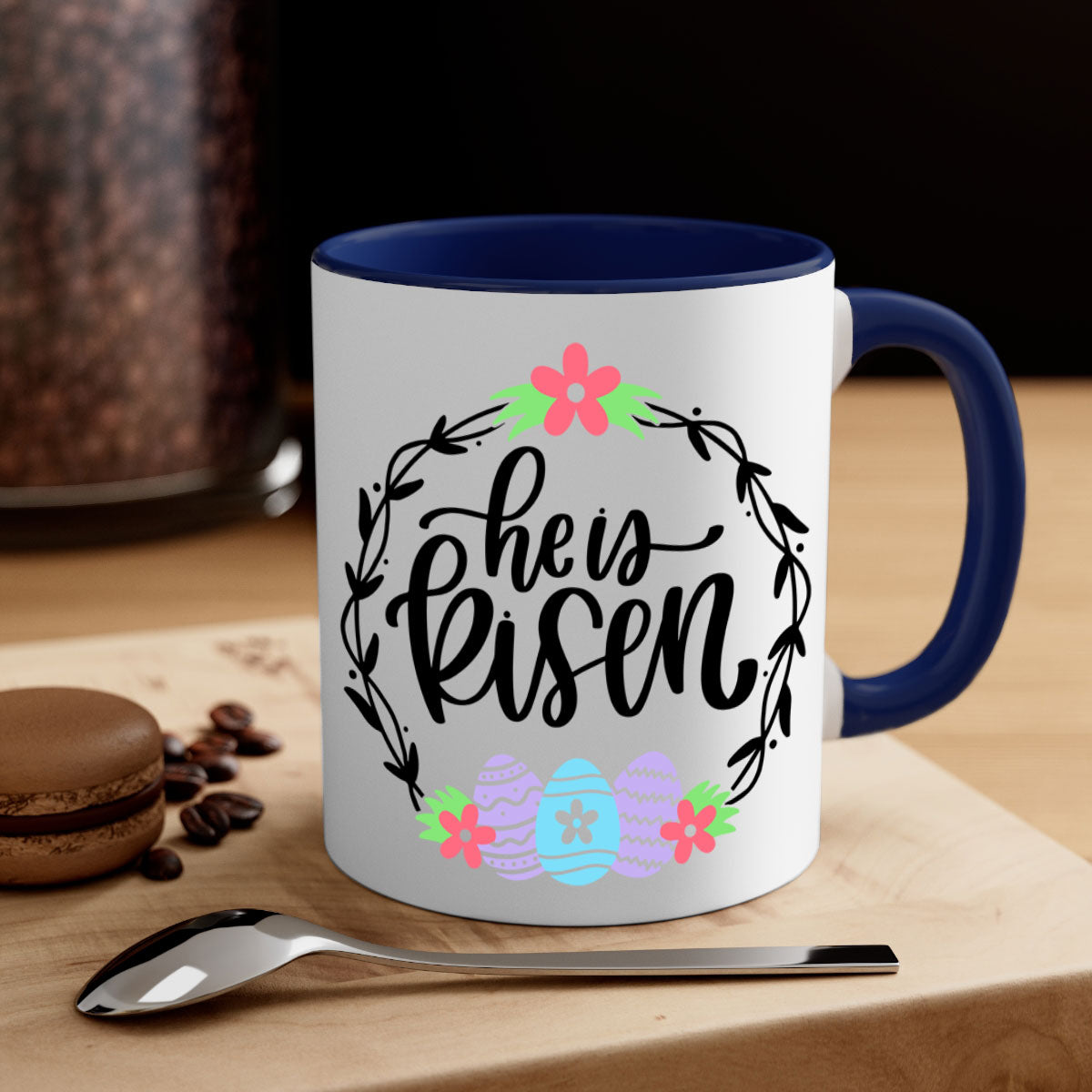 A stylish two-tone 'He is Risen' Easter mug with a glossy finish, featuring a colored handle and interior, available in multiple colors.