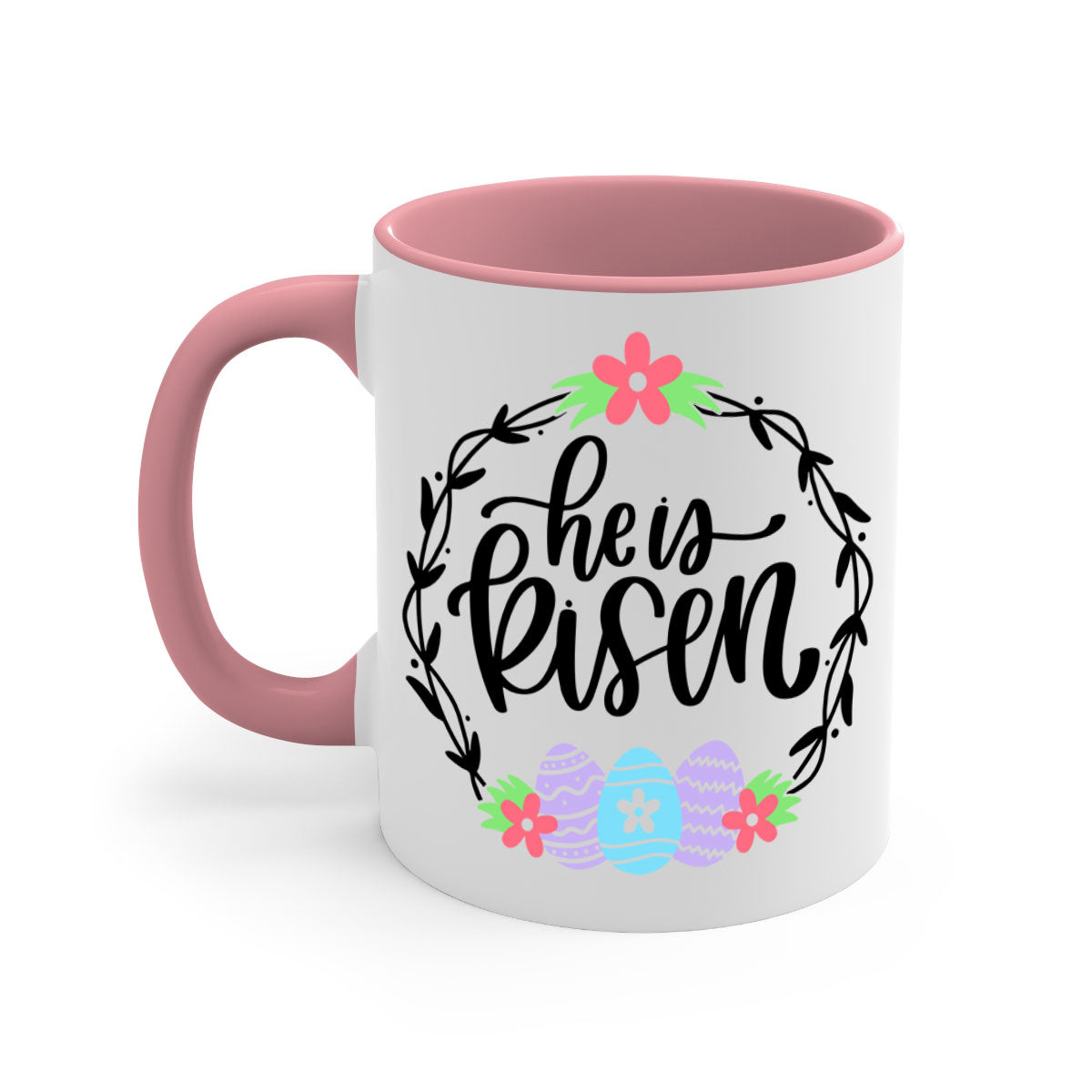 A stylish two-tone 'He is Risen' Easter mug with a glossy finish, featuring a colored handle and interior, available in multiple colors.