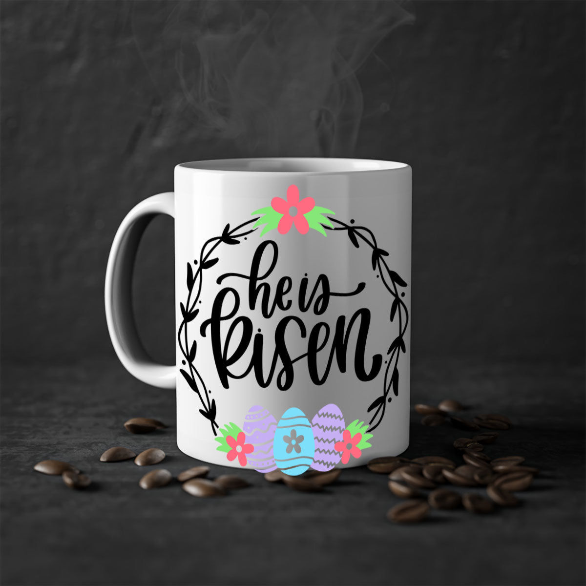 A stylish two-tone 'He is Risen' Easter mug with a glossy finish, featuring a colored handle and interior, available in multiple colors.