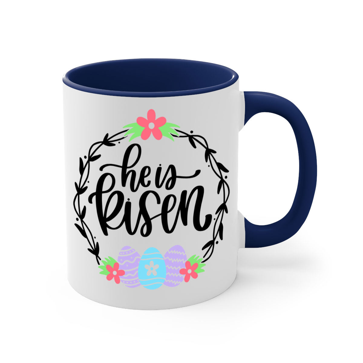 A stylish two-tone 'He is Risen' Easter mug with a glossy finish, featuring a colored handle and interior, available in multiple colors.