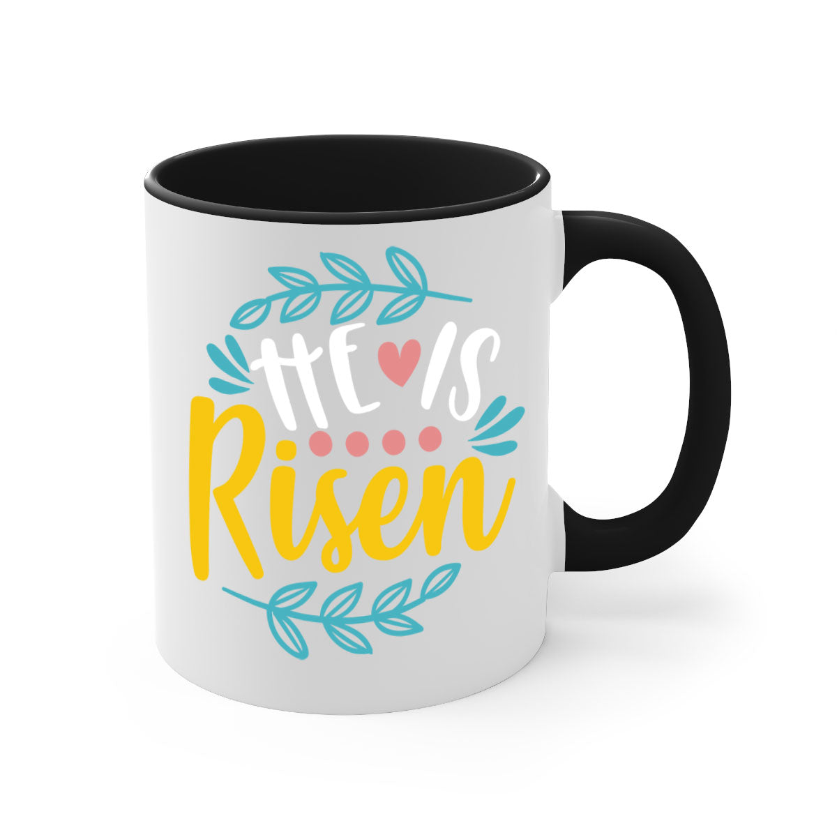 Ceramic 'He is Risen' Easter mug with a glossy finish, featuring a colored handle and interior, available in multiple colors.