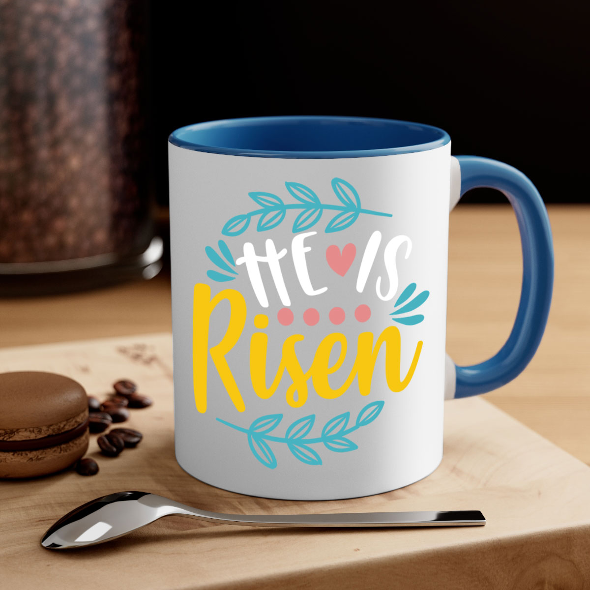 Ceramic 'He is Risen' Easter mug with a glossy finish, featuring a colored handle and interior, available in multiple colors.