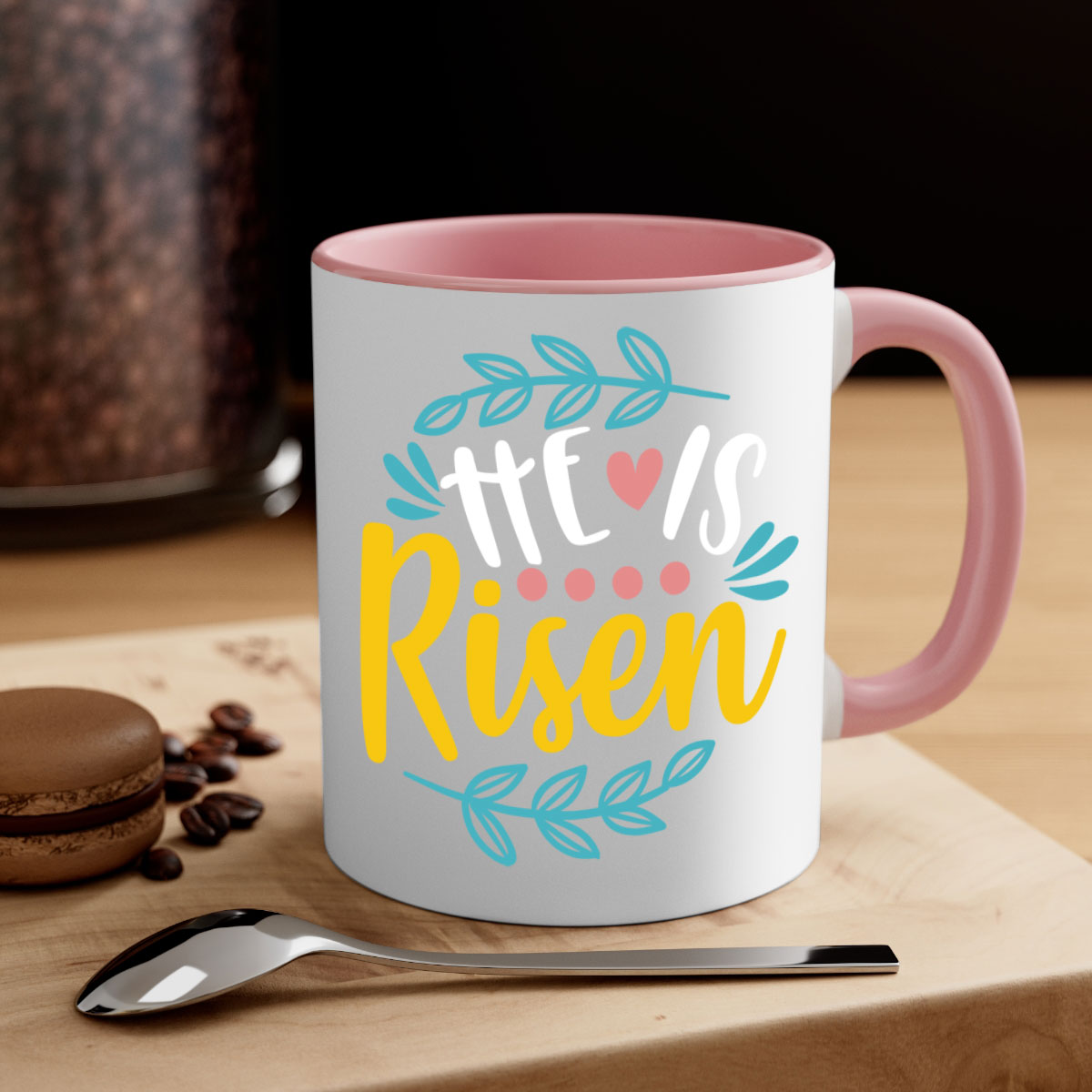 Ceramic 'He is Risen' Easter mug with a glossy finish, featuring a colored handle and interior, available in multiple colors.