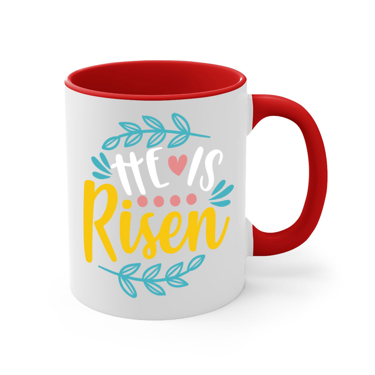 Ceramic 'He is Risen' Easter mug with a glossy finish, featuring a colored handle and interior, available in multiple colors.