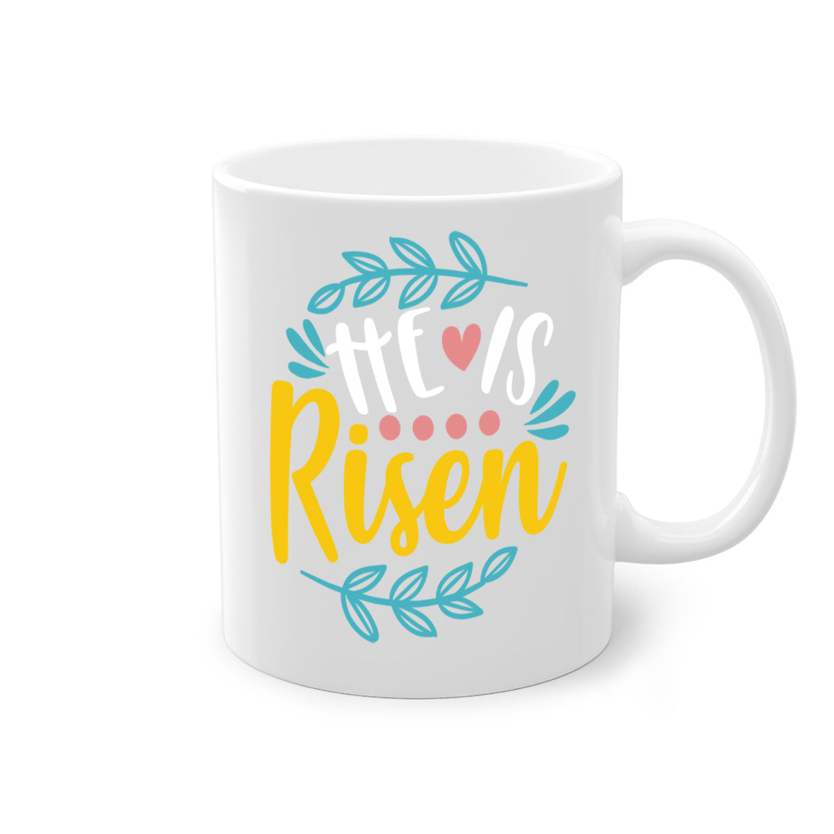 Ceramic 'He is Risen' Easter mug with a glossy finish, featuring a colored handle and interior, available in multiple colors.
