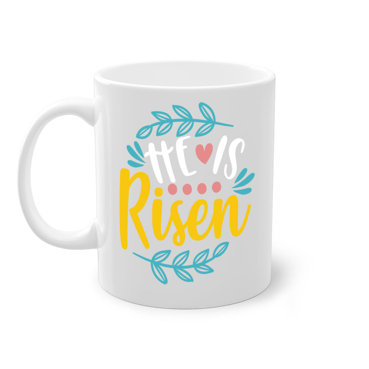 Ceramic 'He is Risen' Easter mug with a glossy finish, featuring a colored handle and interior, available in multiple colors.