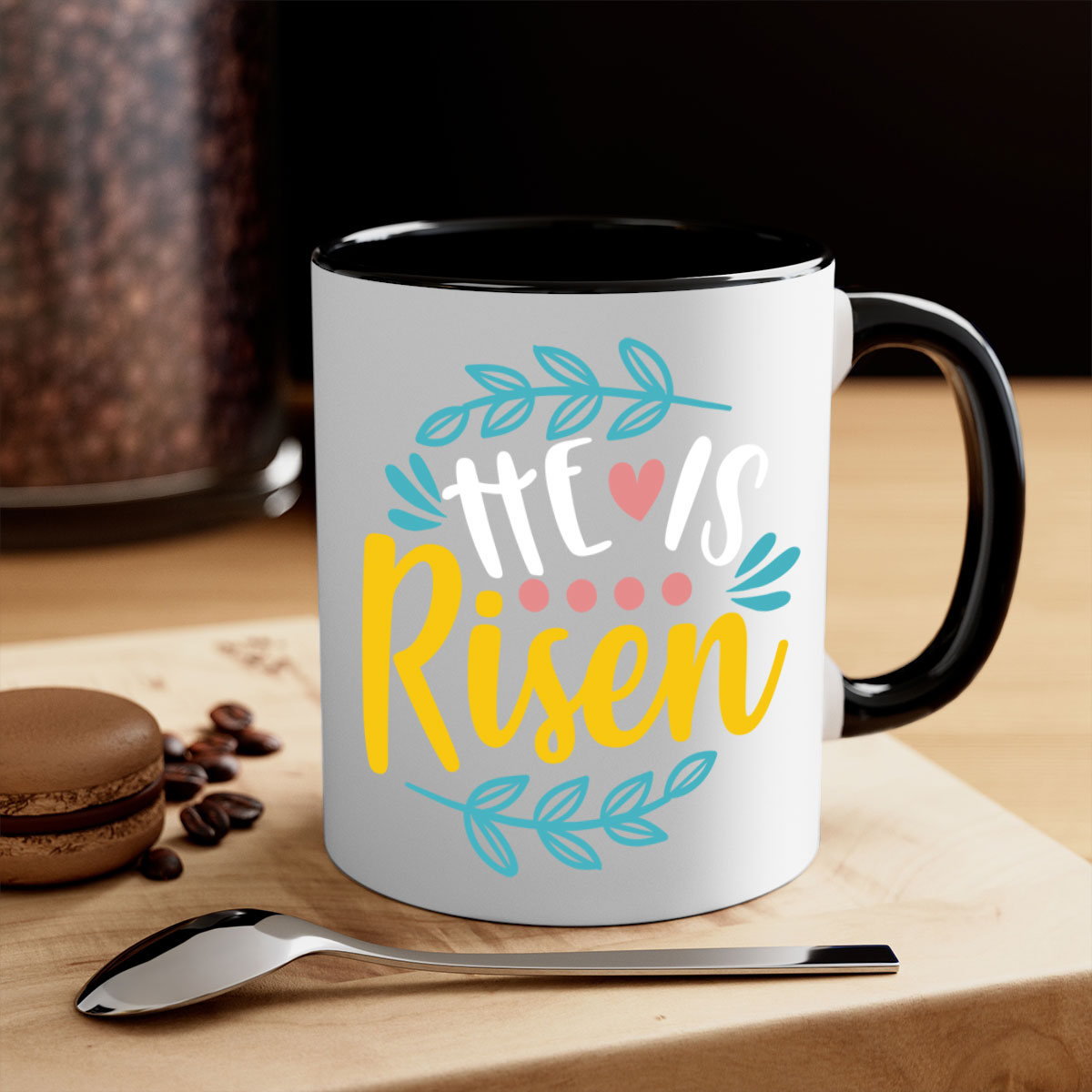 Ceramic 'He is Risen' Easter mug with a glossy finish, featuring a colored handle and interior, available in multiple colors.