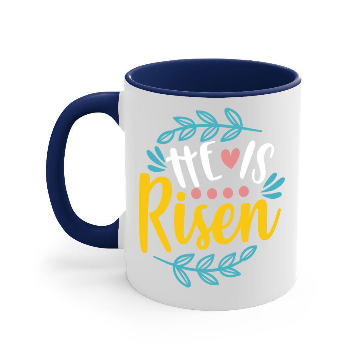 Ceramic 'He is Risen' Easter mug with a glossy finish, featuring a colored handle and interior, available in multiple colors.