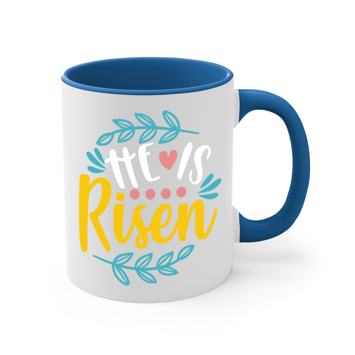 Ceramic 'He is Risen' Easter mug with a glossy finish, featuring a colored handle and interior, available in multiple colors.