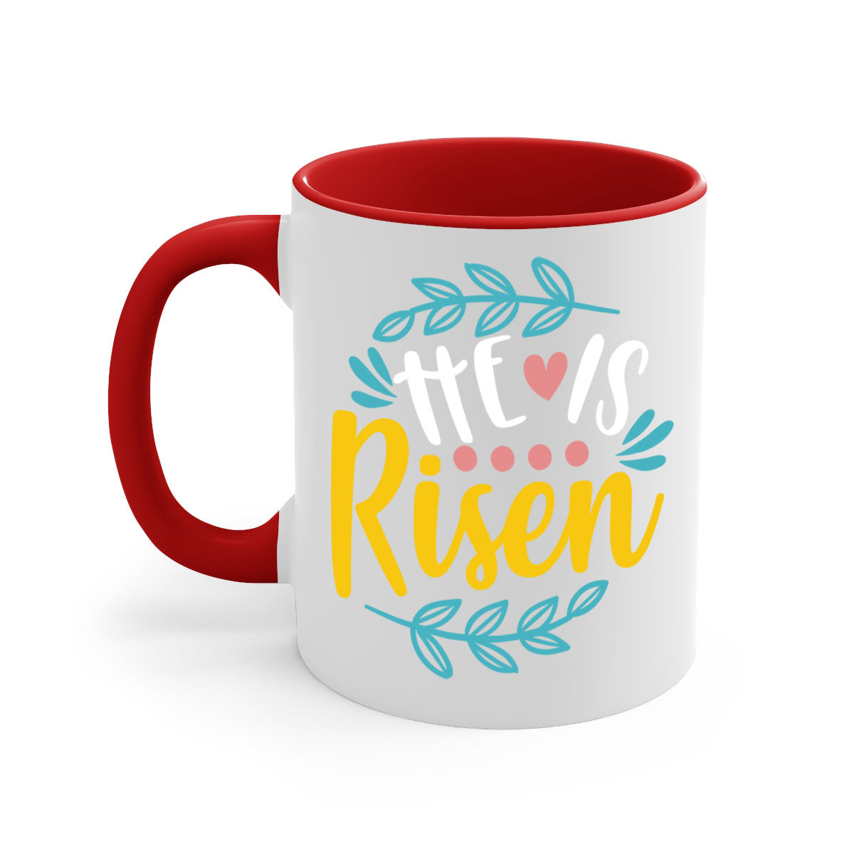 Ceramic 'He is Risen' Easter mug with a glossy finish, featuring a colored handle and interior, available in multiple colors.
