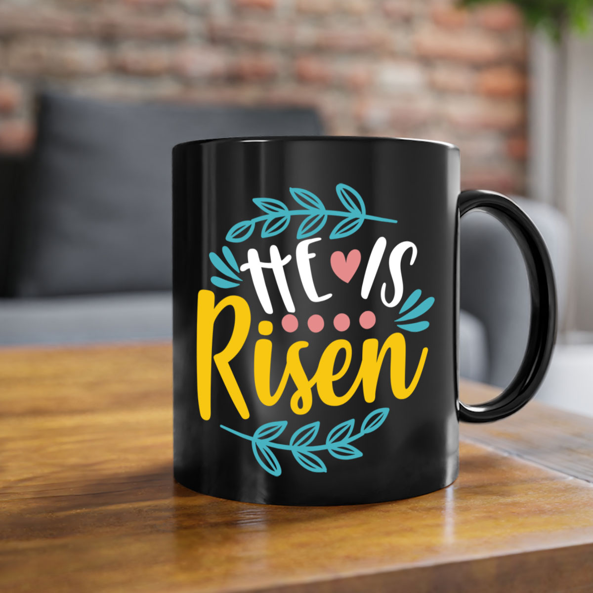 Ceramic 'He is Risen' Easter mug with a glossy finish, featuring a colored handle and interior, available in multiple colors.
