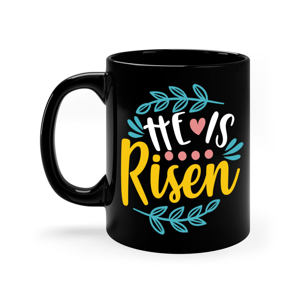 Ceramic 'He is Risen' Easter mug with a glossy finish, featuring a colored handle and interior, available in multiple colors.