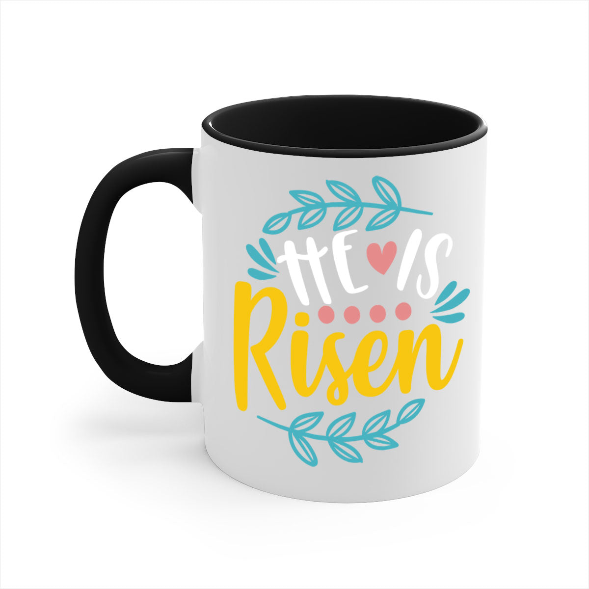 Ceramic 'He is Risen' Easter mug with a glossy finish, featuring a colored handle and interior, available in multiple colors.