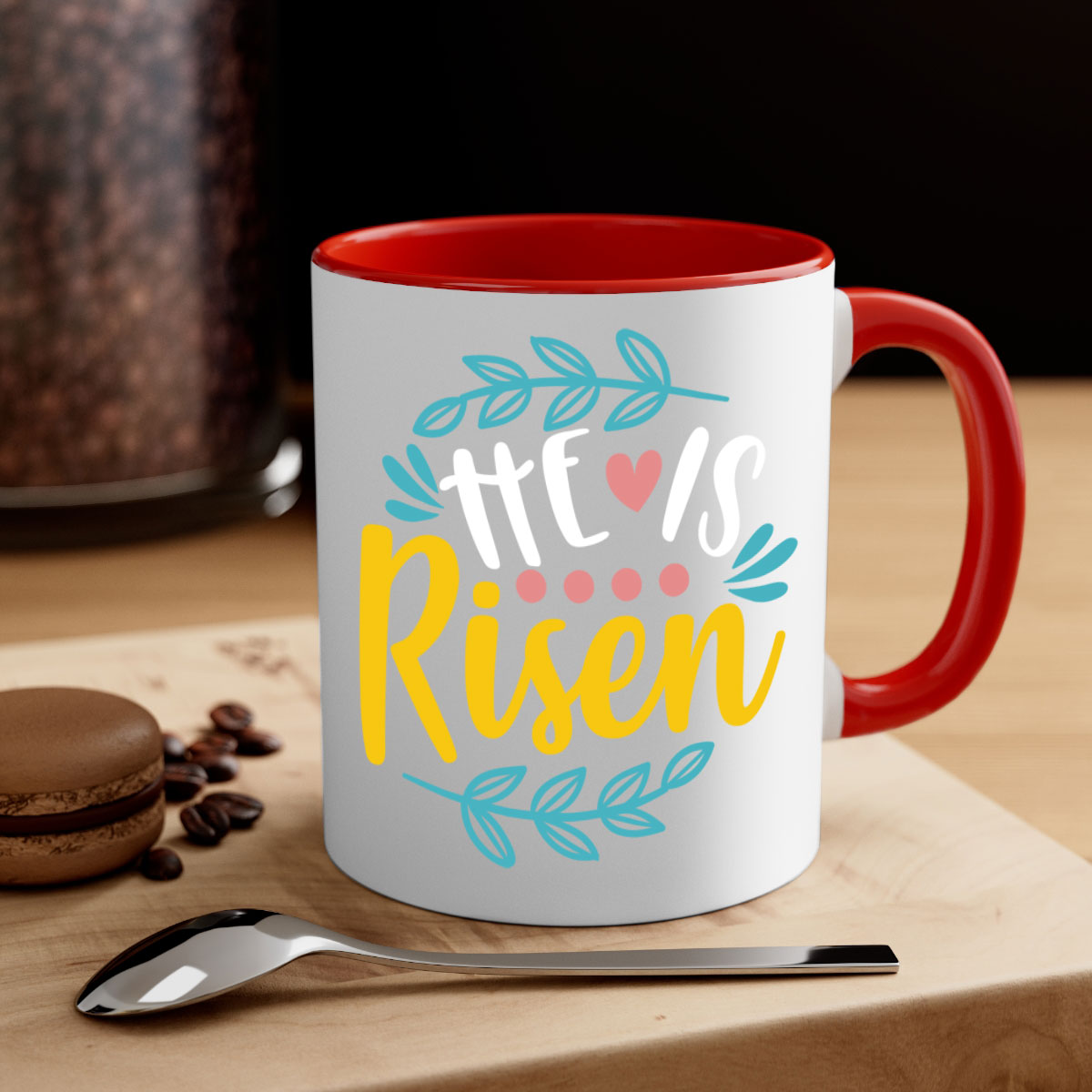 Ceramic 'He is Risen' Easter mug with a glossy finish, featuring a colored handle and interior, available in multiple colors.