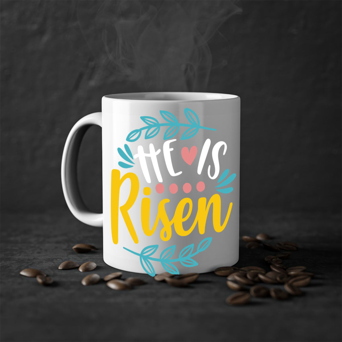 Ceramic 'He is Risen' Easter mug with a glossy finish, featuring a colored handle and interior, available in multiple colors.