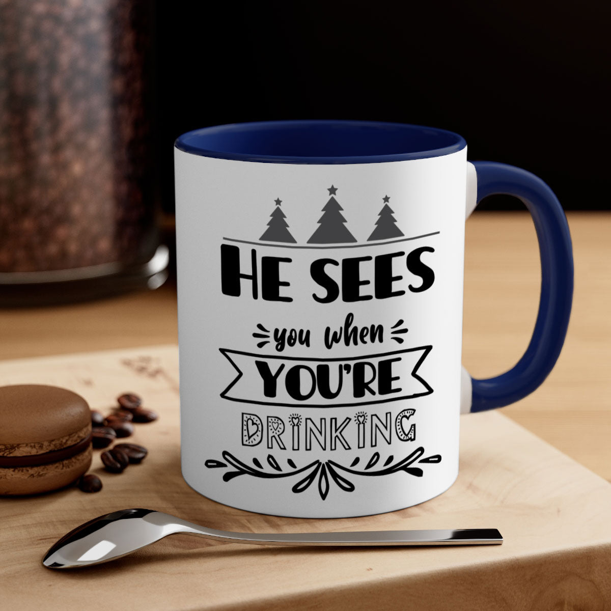 He Sees You When You're Drinking Mug in various colors with a glossy finish and C-shaped handle, perfect for coffee or tea.