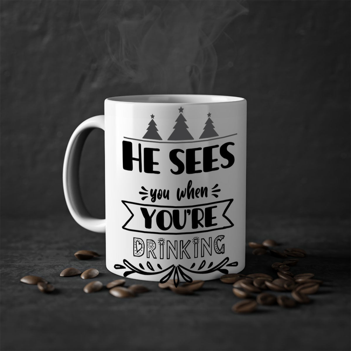 He Sees You When You're Drinking Mug in various colors with a glossy finish and C-shaped handle, perfect for coffee or tea.