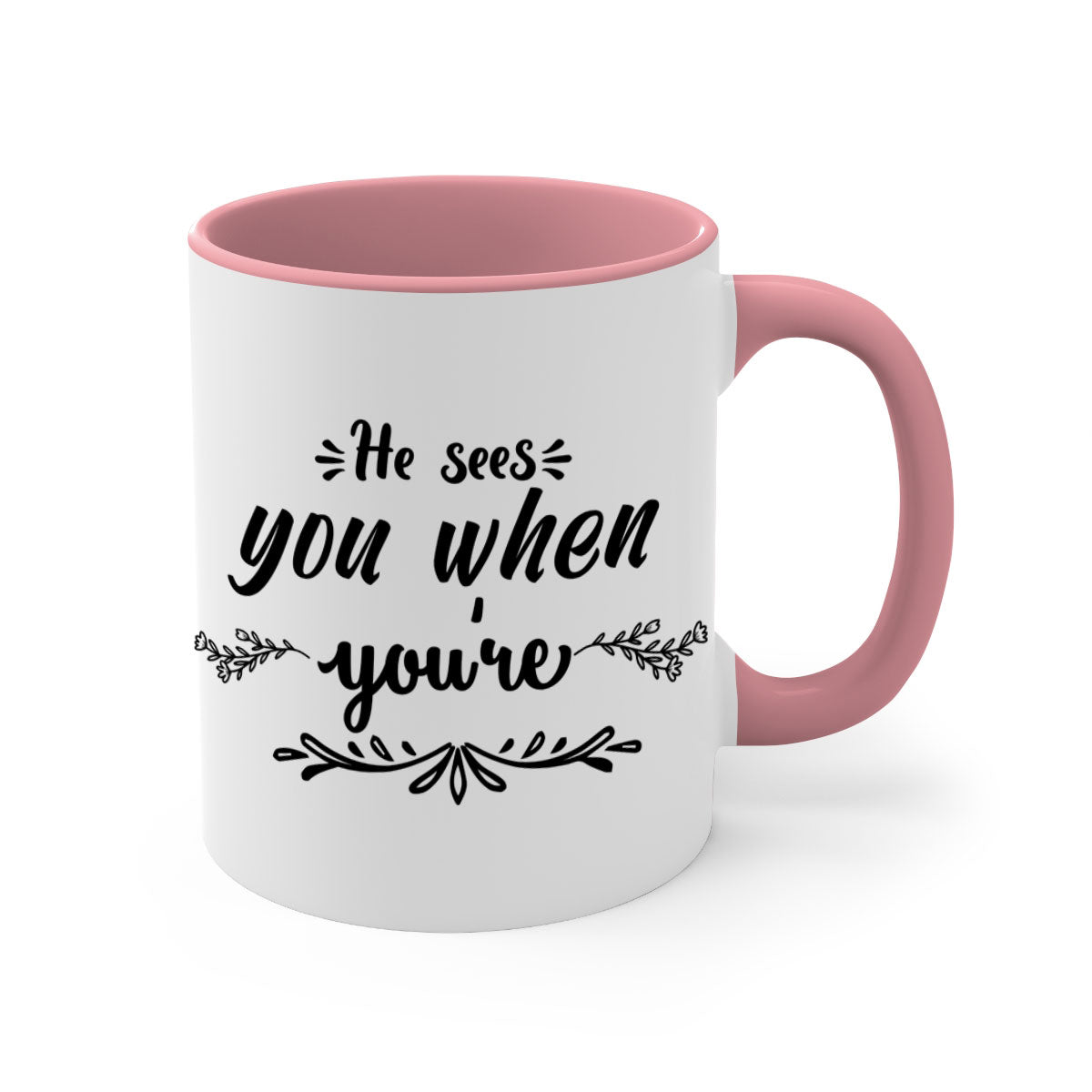 He Sees You When You're Sleeping Christmas Mug with a glossy finish, featuring a colored handle and interior, available in multiple colors.