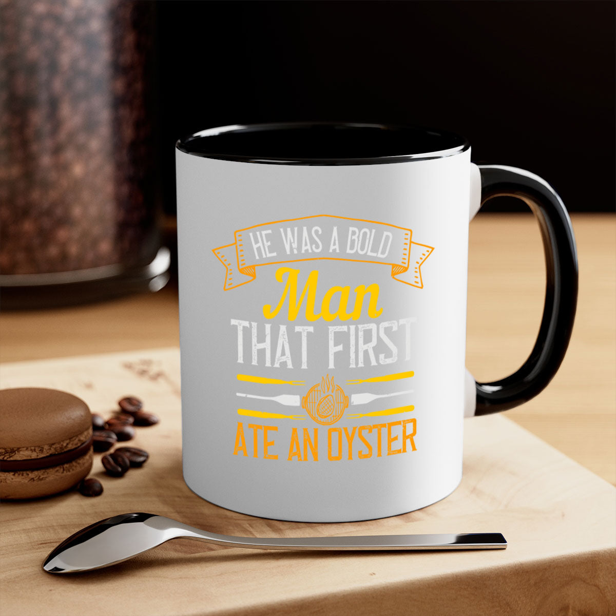 A two-tone ceramic coffee mug featuring the quote 'He Was a Bold Man That First Ate an Oyster' with a glossy finish and colored handle.