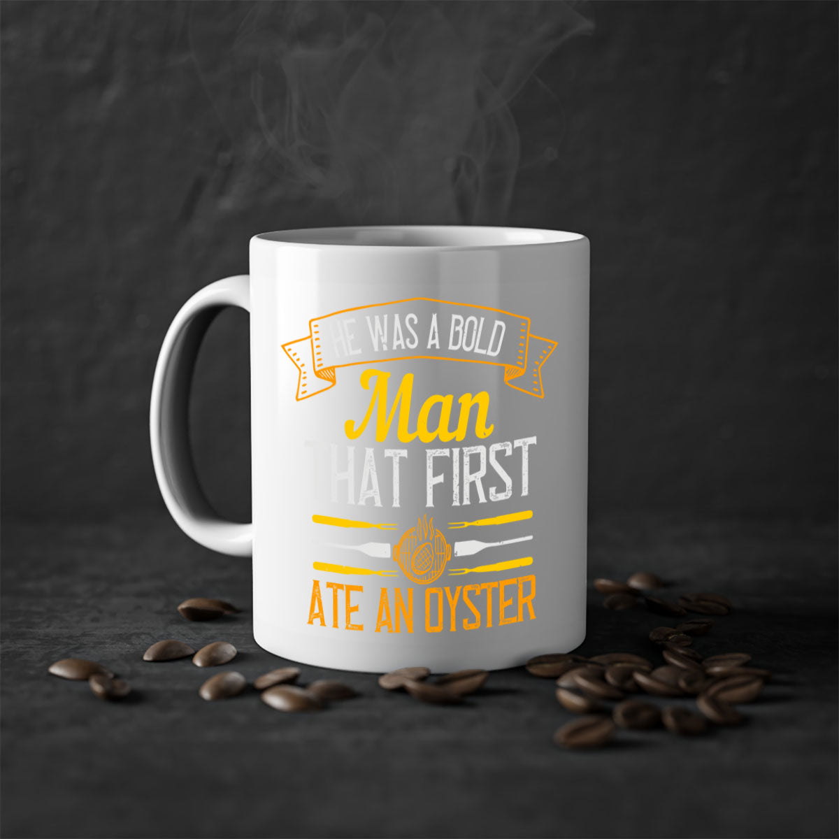 A two-tone ceramic coffee mug featuring the quote 'He Was a Bold Man That First Ate an Oyster' with a glossy finish and colored handle.