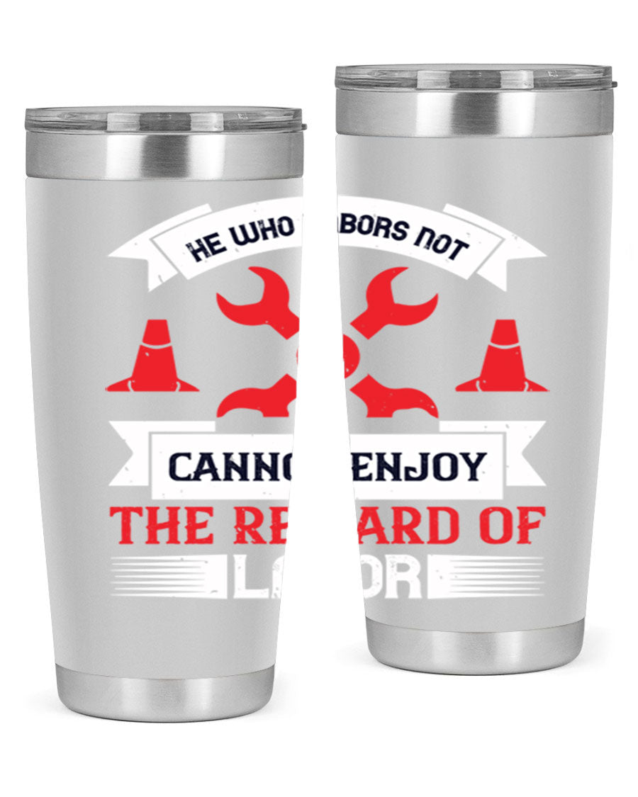He Who Labors Not Tumblers in 20oz and 30oz sizes, showcasing double wall vacuum stainless steel design with drink-thru lids.