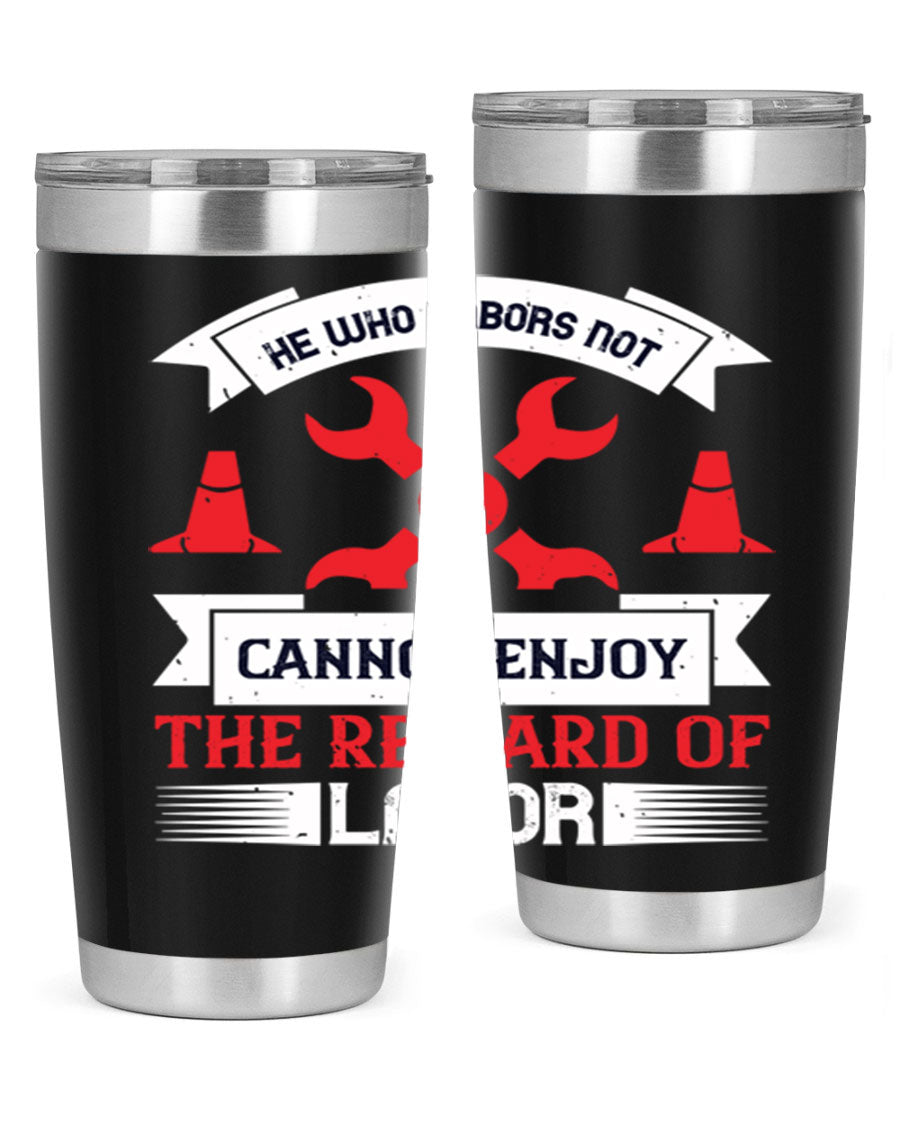 He Who Labors Not Tumblers in 20oz and 30oz sizes, showcasing double wall vacuum stainless steel design with drink-thru lids.