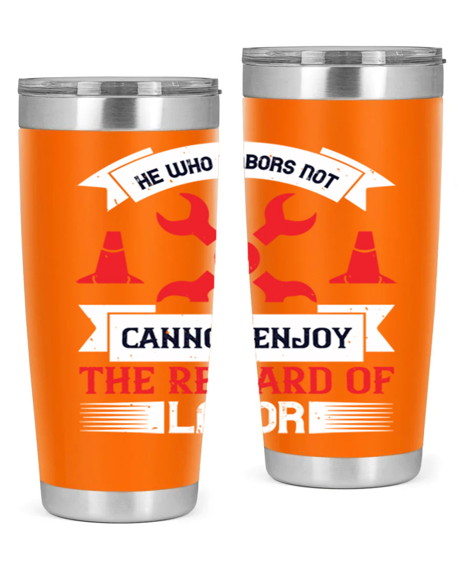 He Who Labors Not Tumblers in 20oz and 30oz sizes, showcasing double wall vacuum stainless steel design with drink-thru lids.