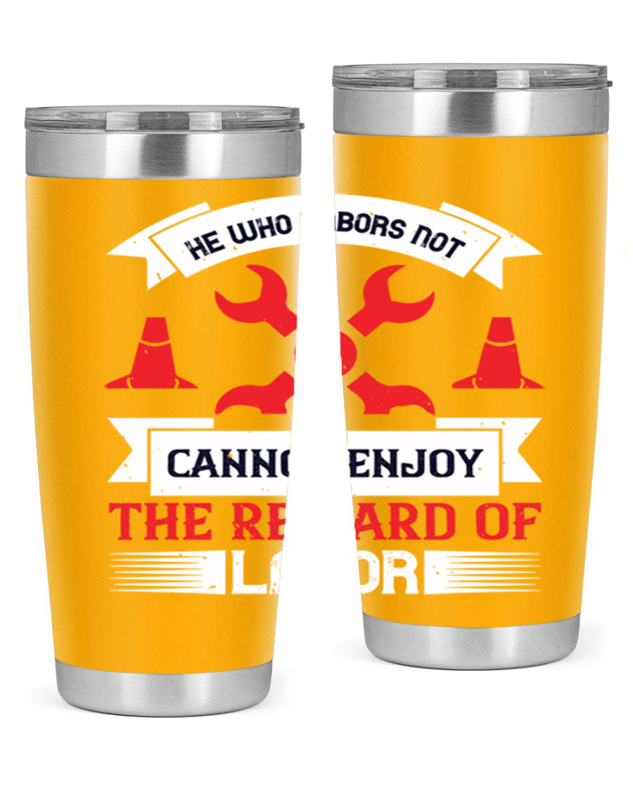 He Who Labors Not Tumblers in 20oz and 30oz sizes, showcasing double wall vacuum stainless steel design with drink-thru lids.