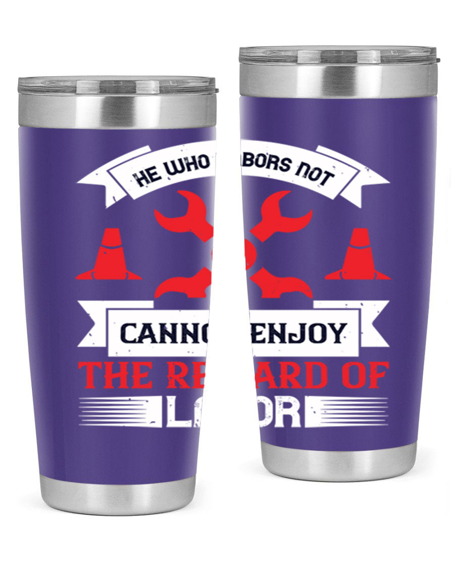 He Who Labors Not Tumblers in 20oz and 30oz sizes, showcasing double wall vacuum stainless steel design with drink-thru lids.