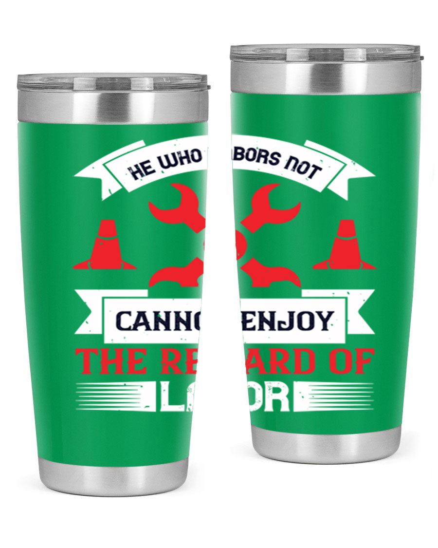 He Who Labors Not Tumblers in 20oz and 30oz sizes, showcasing double wall vacuum stainless steel design with drink-thru lids.
