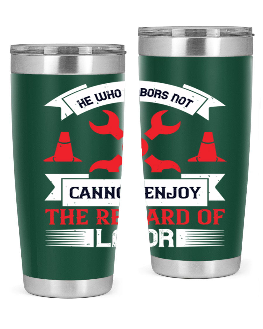 He Who Labors Not Tumblers in 20oz and 30oz sizes, showcasing double wall vacuum stainless steel design with drink-thru lids.