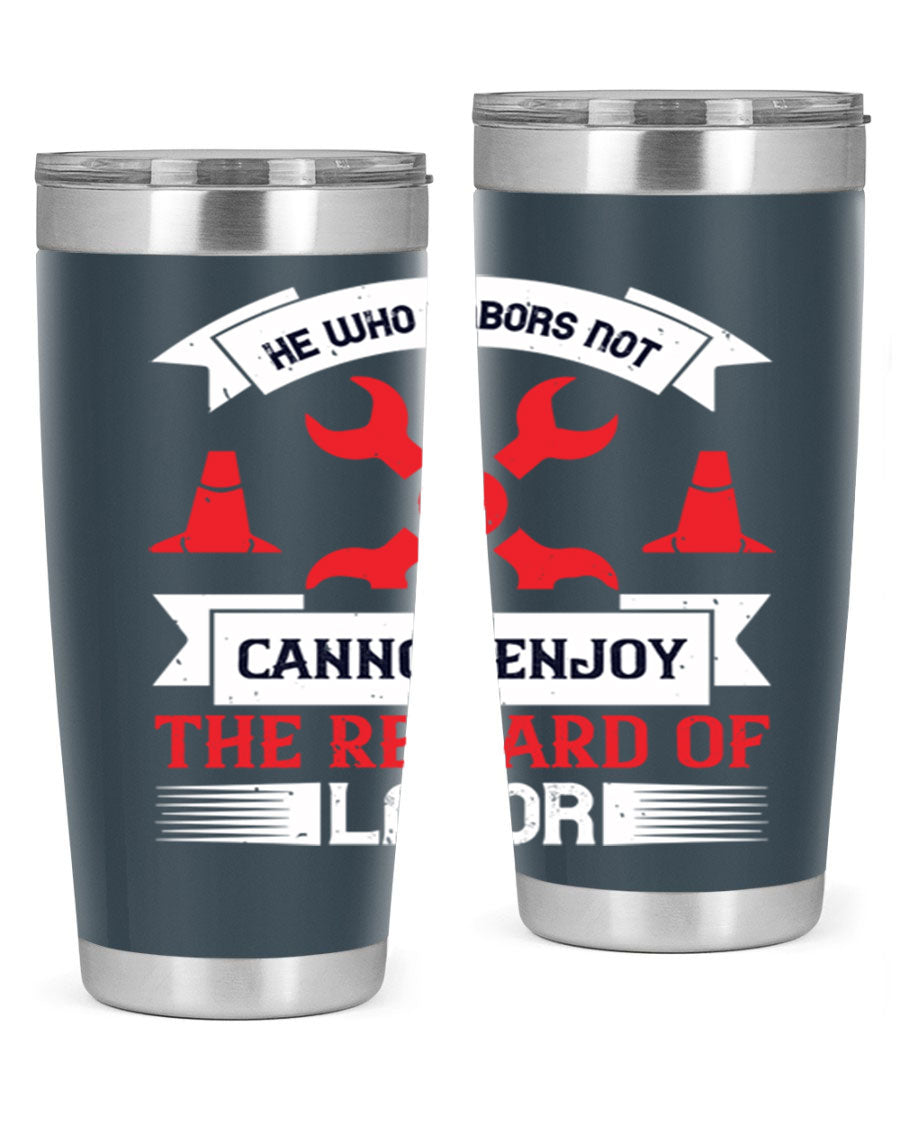 He Who Labors Not Tumblers in 20oz and 30oz sizes, showcasing double wall vacuum stainless steel design with drink-thru lids.