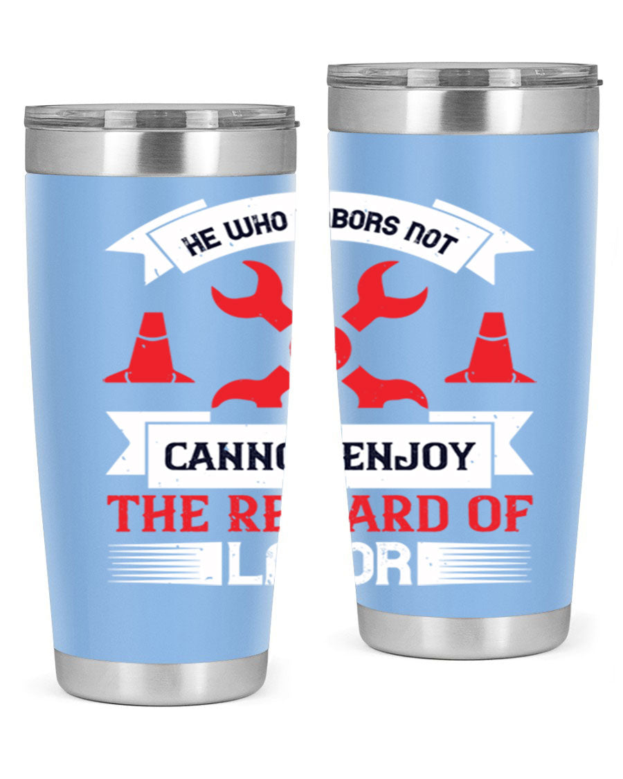 He Who Labors Not Tumblers in 20oz and 30oz sizes, showcasing double wall vacuum stainless steel design with drink-thru lids.