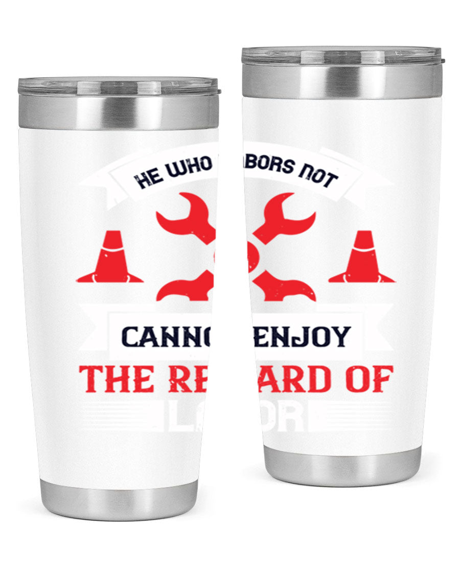 He Who Labors Not Tumblers in 20oz and 30oz sizes, showcasing double wall vacuum stainless steel design with drink-thru lids.