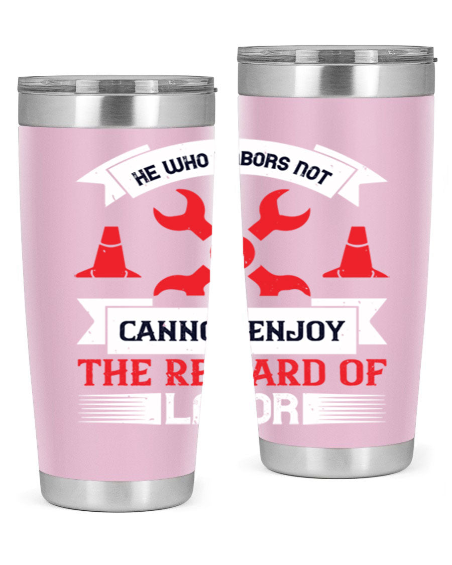 He Who Labors Not Tumblers in 20oz and 30oz sizes, showcasing double wall vacuum stainless steel design with drink-thru lids.