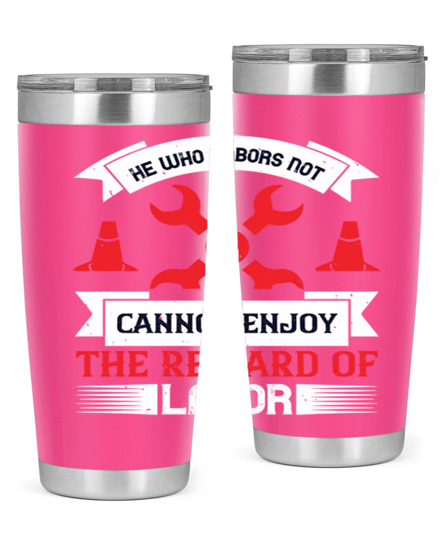 He Who Labors Not Tumblers in 20oz and 30oz sizes, showcasing double wall vacuum stainless steel design with drink-thru lids.