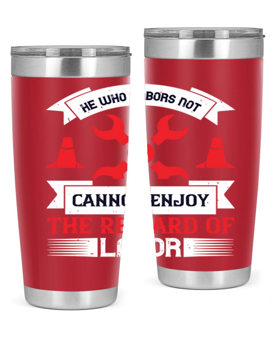 He Who Labors Not Tumblers in 20oz and 30oz sizes, showcasing double wall vacuum stainless steel design with drink-thru lids.