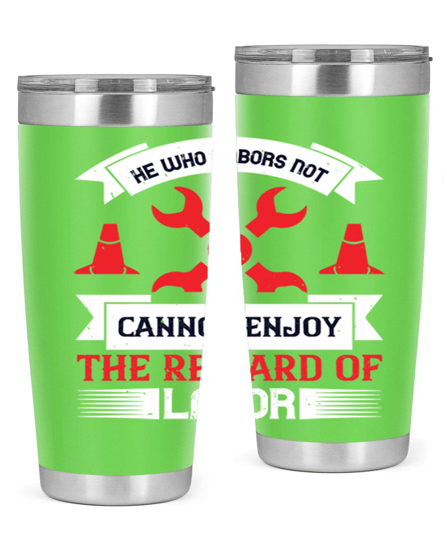 He Who Labors Not Tumblers in 20oz and 30oz sizes, showcasing double wall vacuum stainless steel design with drink-thru lids.