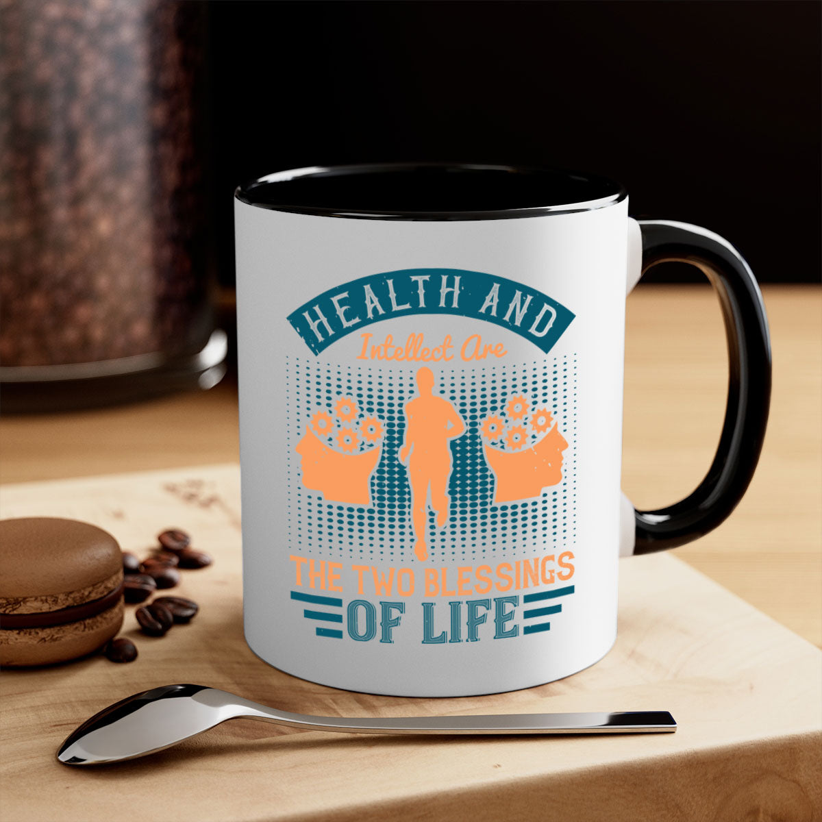 Health and Intellect Style 36# Mug with colorful handle and glossy finish, available in multiple sizes.