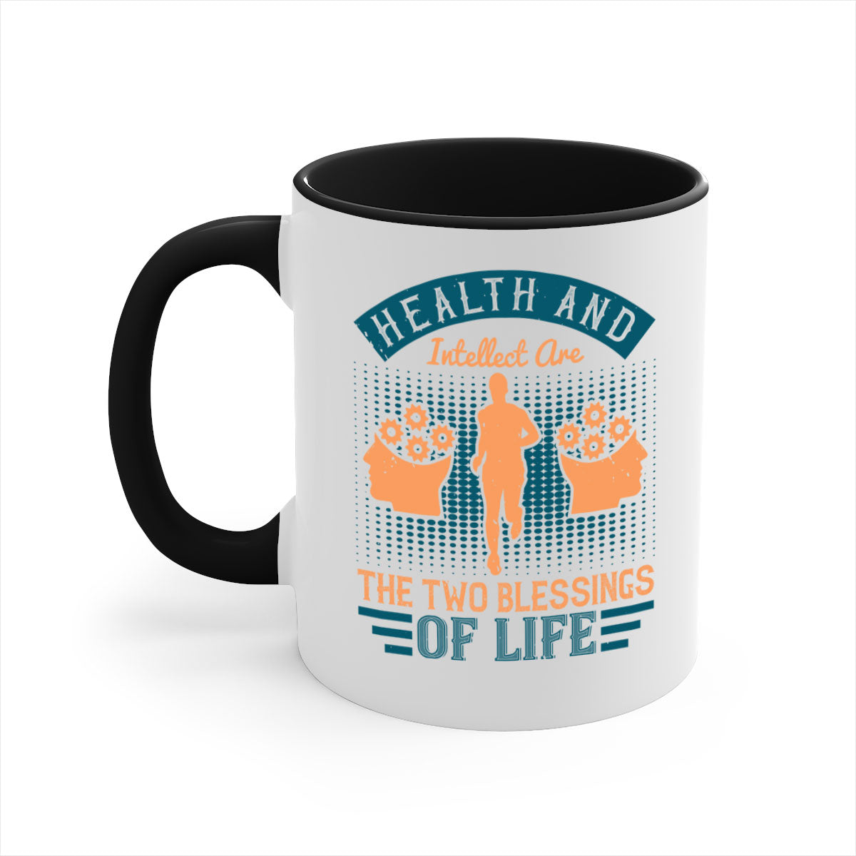 Health and Intellect Style 36# Mug with colorful handle and glossy finish, available in multiple sizes.